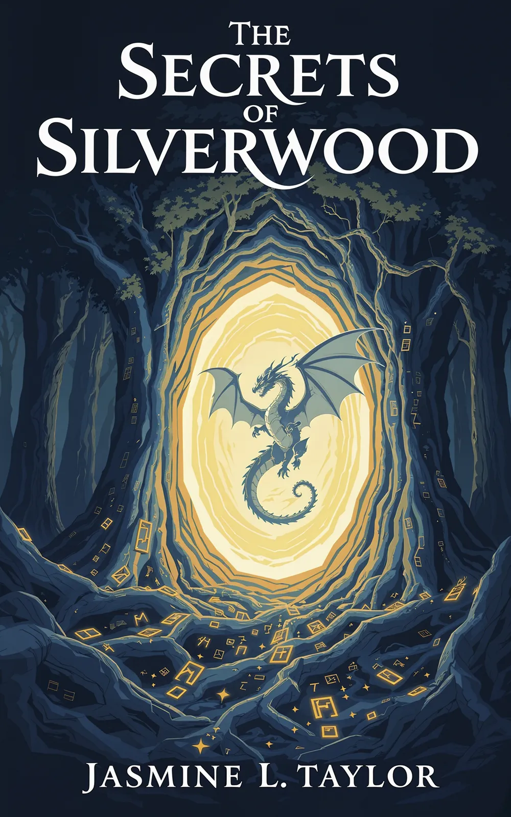 AI book cover generator fantasy adventure: dragon emerging from golden portal in mystical forest for "The Secrets of Silverwood".
