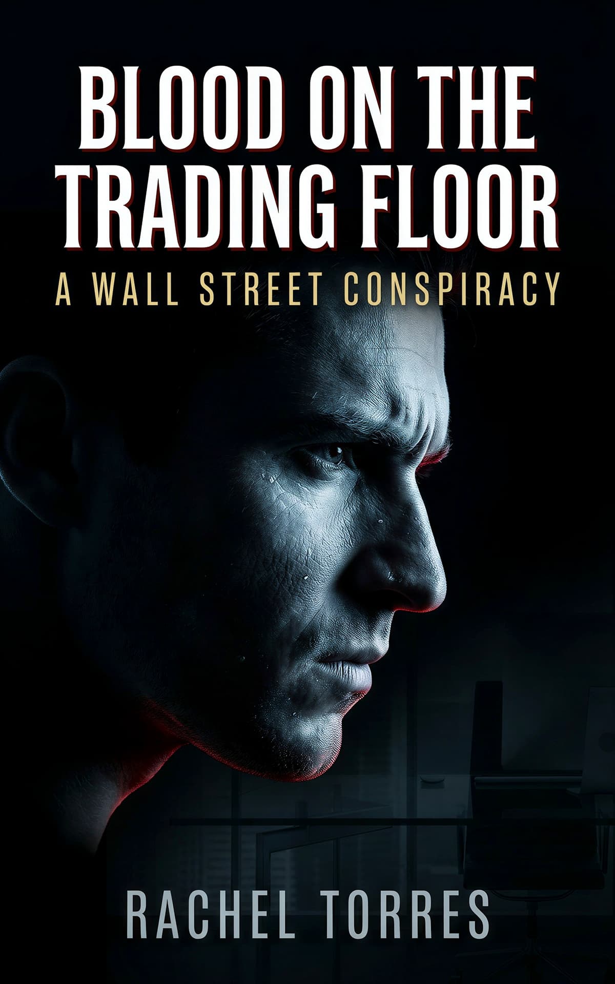 AI book cover generator thriller photoreal: intense male profile in shadow with red accent lighting for "Blood on the Trading Floor".
