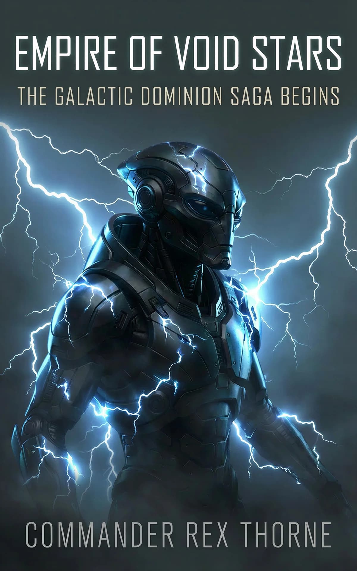 AI book cover generator science fiction photoreal: armored commander figure surrounded by electric blue lightning bolts against stormy sky for "Empire of Void Stars".