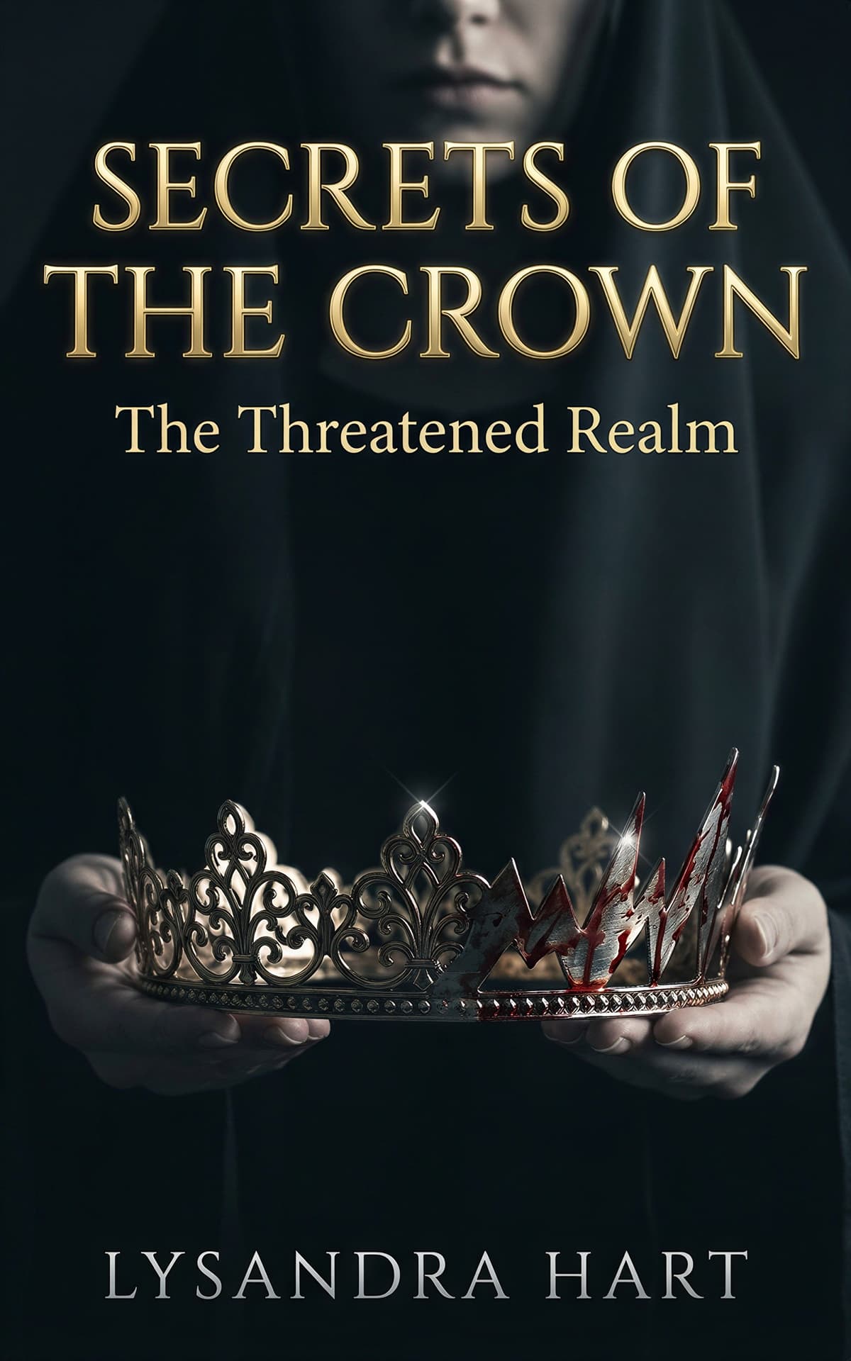 AI book cover generator dark fantasy photorealistic: solemn hands presenting a cracked blood-stained crown for "Secrets of the Crown: The Threatened Realm".