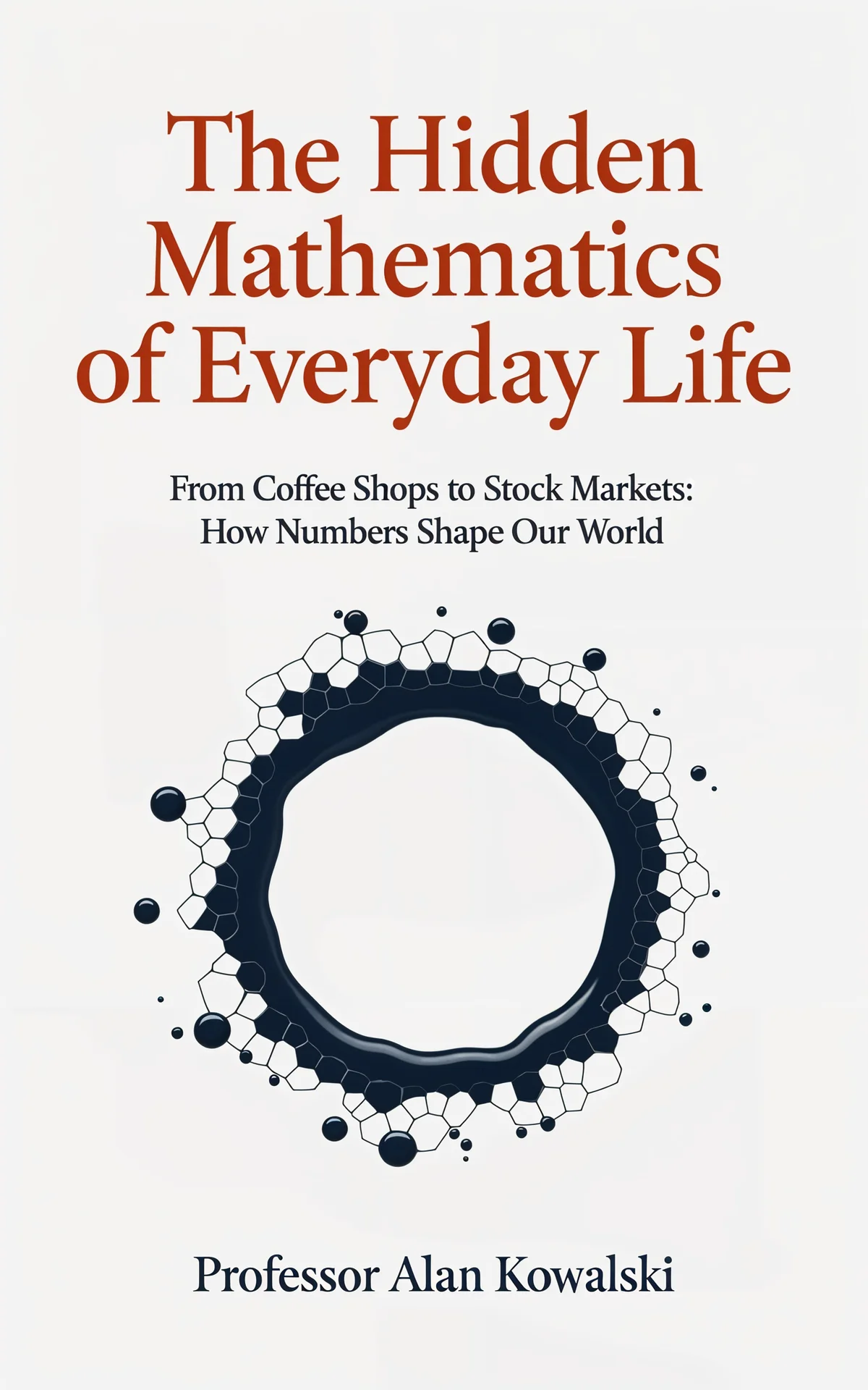 AI book cover generator non-fiction business-centered-icon: abstract circular molecular structure with hexagonal pattern and floating spheres for "The Hidden Mathematics of Everyday Life".
