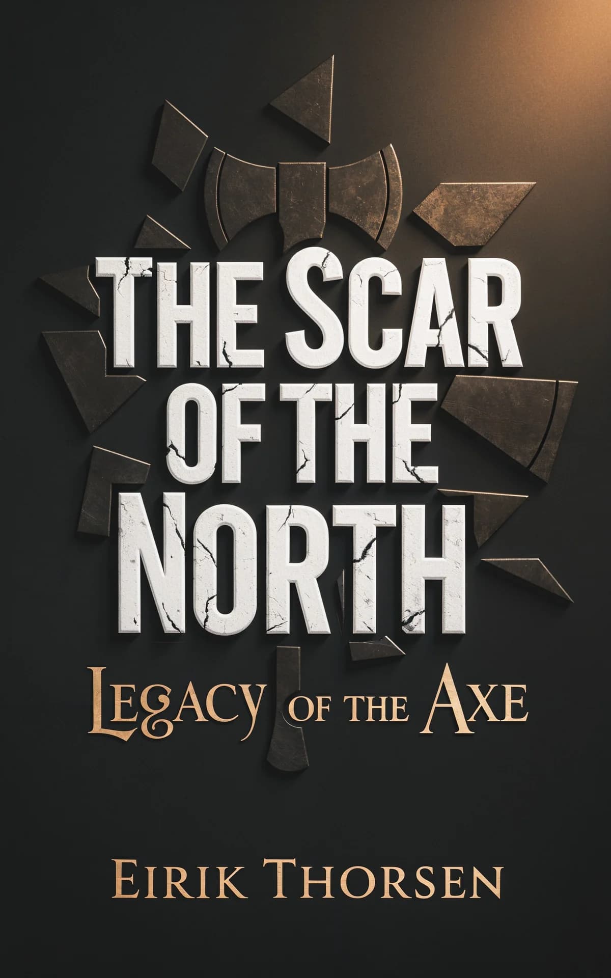 AI book cover generator historical fiction typography: bold white text with fragmented bronze axe and bow imagery on dark background for 'The Scar of the North'.