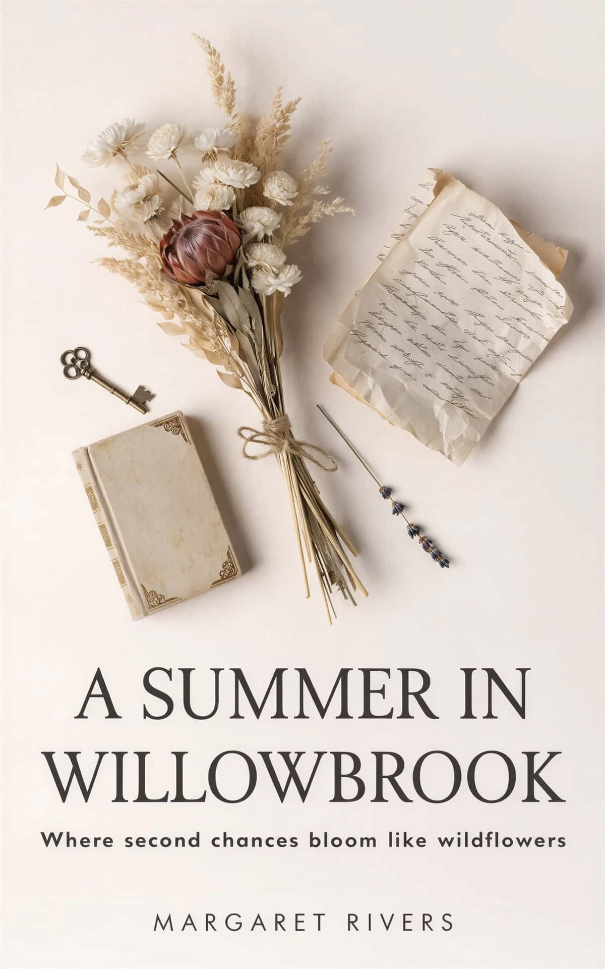 AI book cover generator romance object-tableau: vintage book, handwritten letter, dried flower bouquet with key and lavender for "A Summer in Willowbrook".