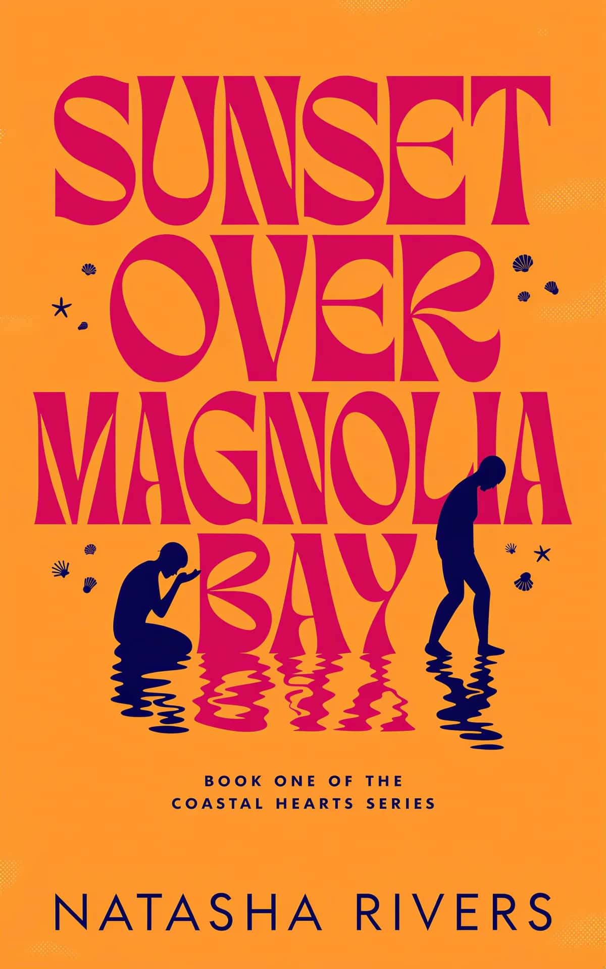 AI book cover generator romance big-type-tiny-figures: sunset orange background with pink typography and blue silhouettes of two figures reflected in water for "Sunset Over Magnolia Bay".