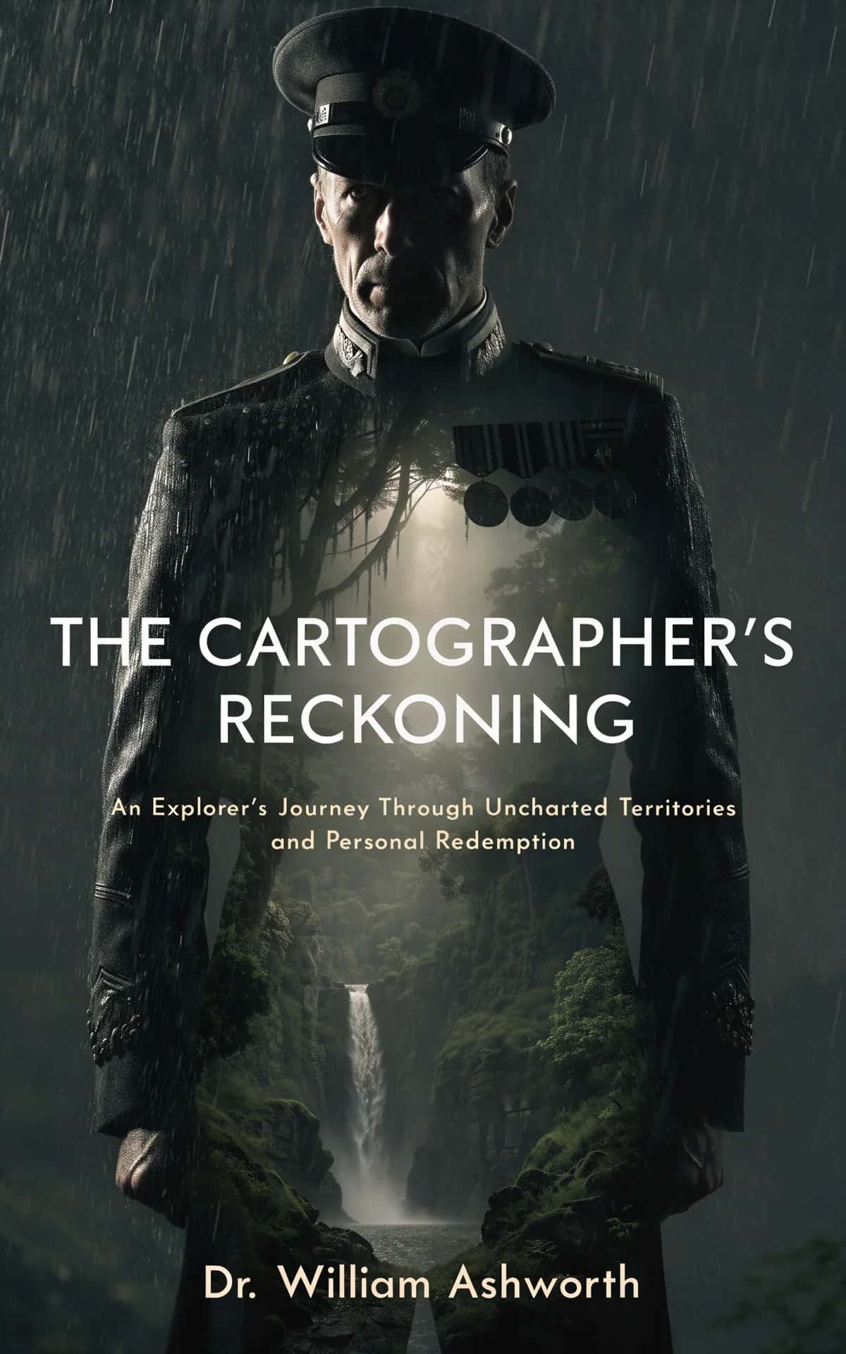 AI book cover generator biography dual-exposure: military officer in dress uniform with forest waterfall landscape overlay in rain for "The Cartographer's Reckoning".