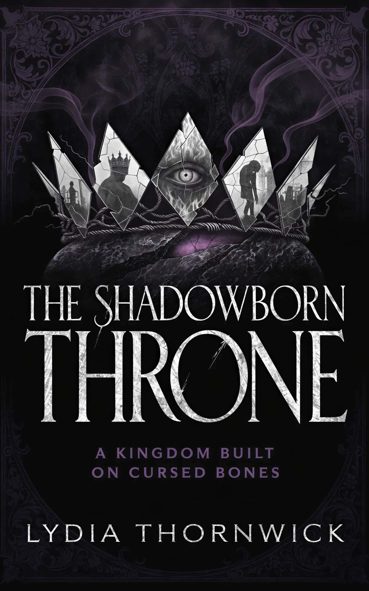 AI book cover generator dark fantasy gothic: ornate crown with crystalline shards containing mystical imagery and all-seeing eye on cursed bone landscape for "The Shadowborn Throne".