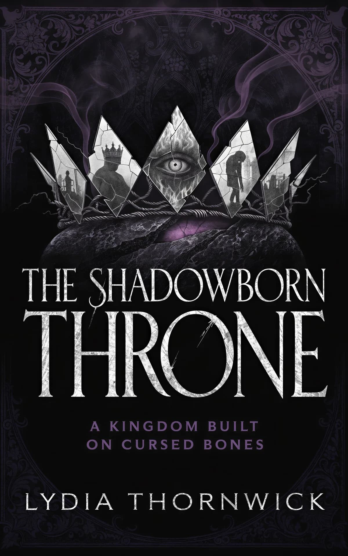 AI book cover generator dark fantasy gothic: ornate crown with crystalline shards containing mystical imagery and all-seeing eye on cursed bone landscape for "The Shadowborn Throne".