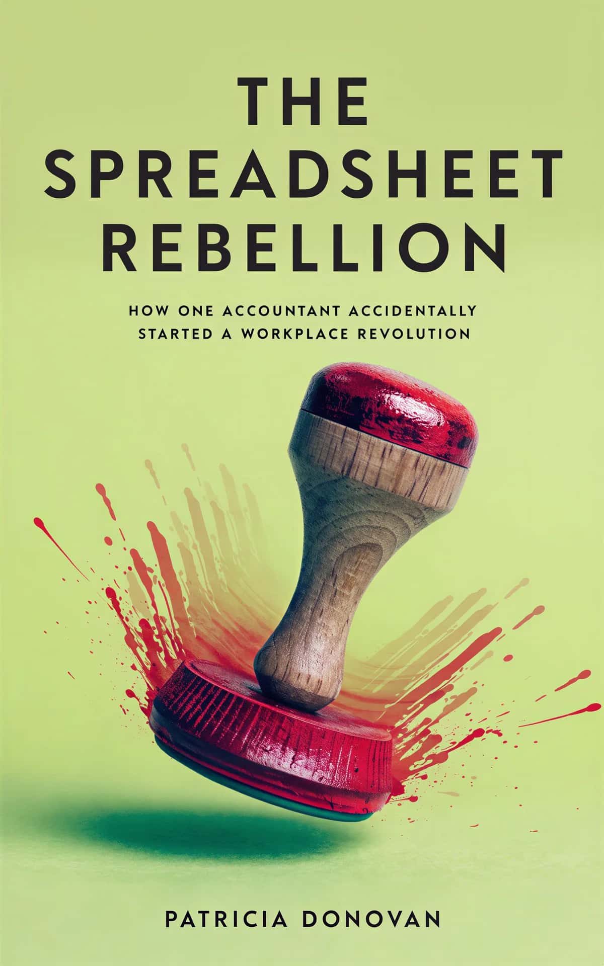 AI book cover generator contemporary fiction absurd-humor: wooden stamp with red ink splashing dynamically against yellow-green background for 'The Spreadsheet Rebellion'.