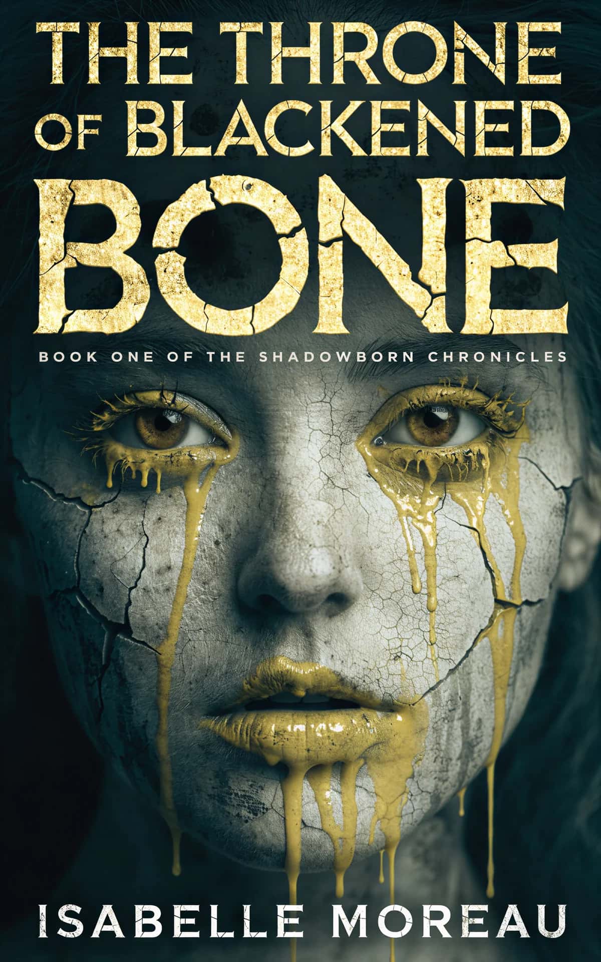 AI book cover generator horror possessed-portrait: pale face with cracked skin and golden liquid dripping from eyes and mouth for "The Throne of Blackened Bone".