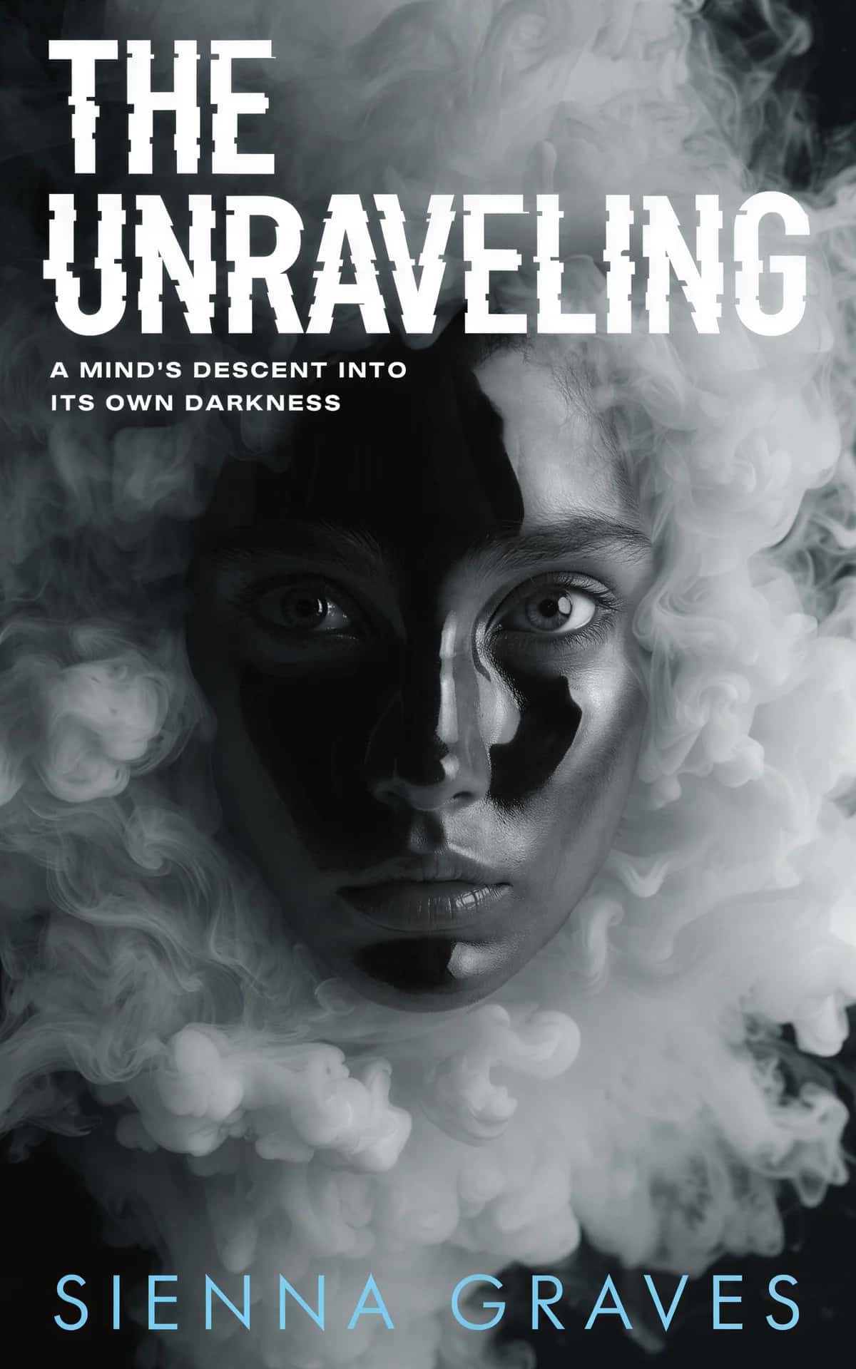 AI book cover generator horror face-distortion: split face half light half shadow with swirling smoke effect for "The Unraveling".