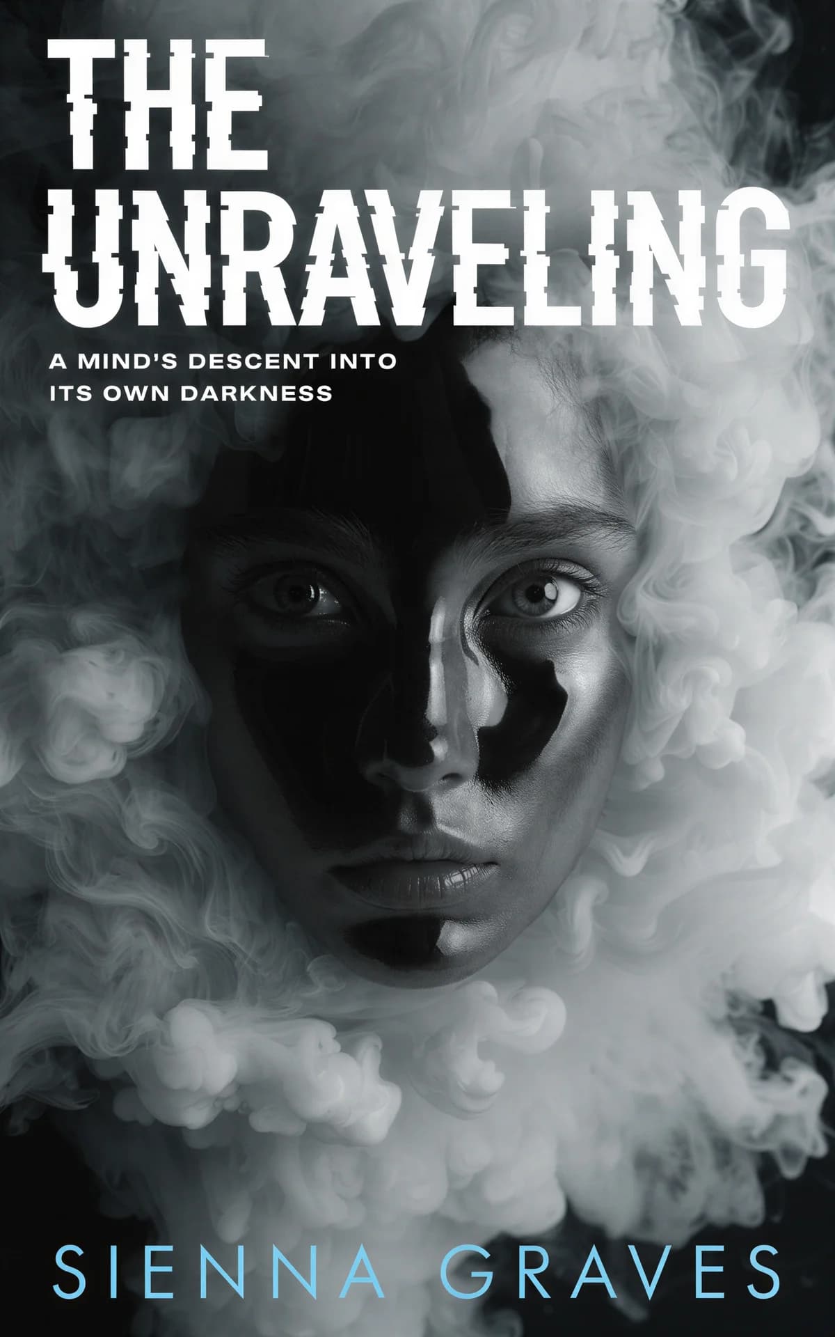AI book cover generator horror face-distortion: split face half light half shadow with swirling smoke effect for "The Unraveling".