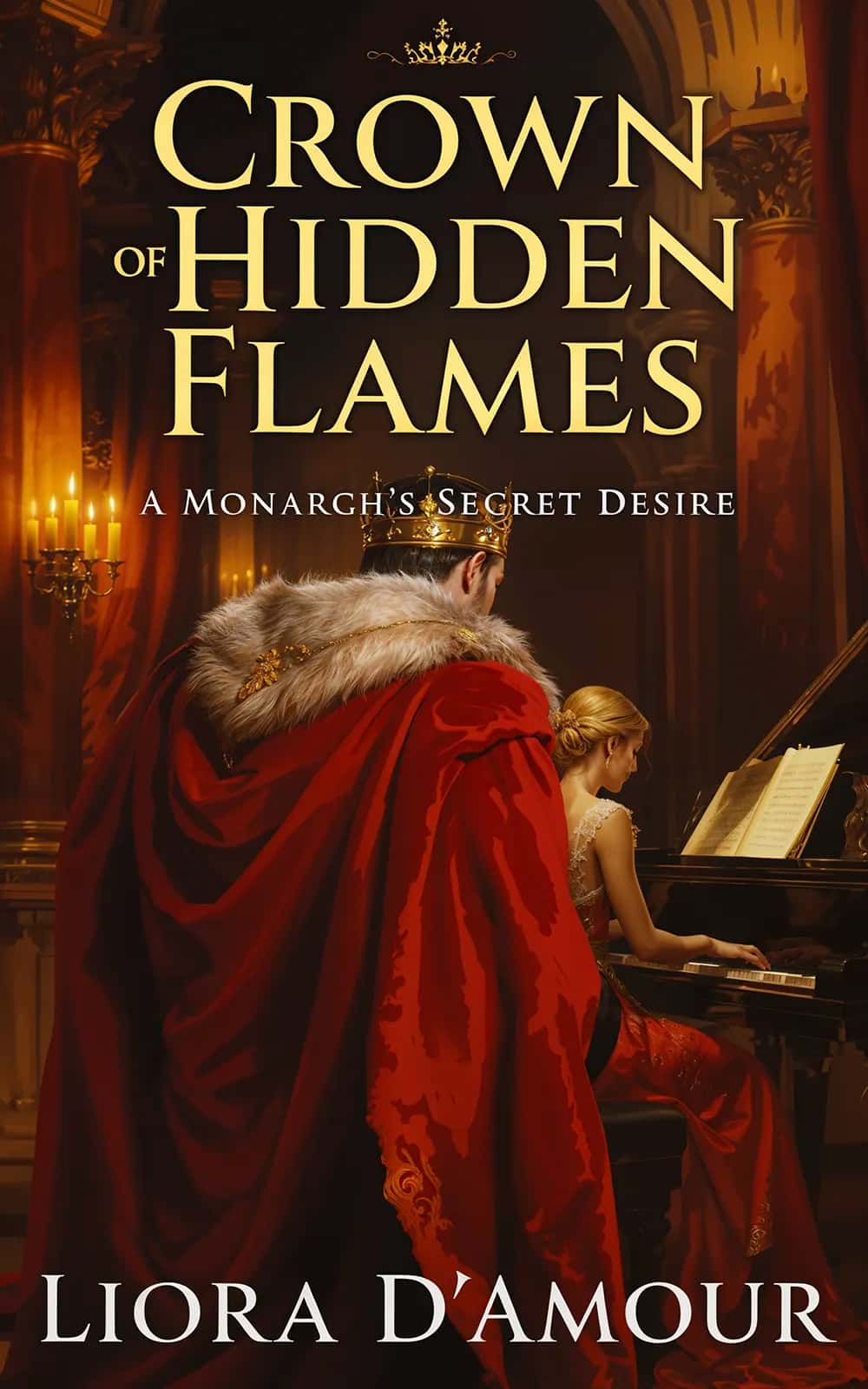 AI book cover generator fantasy photoreal: crowned king watching a woman play piano in candlelit hall for "Crown of Hidden Flames".