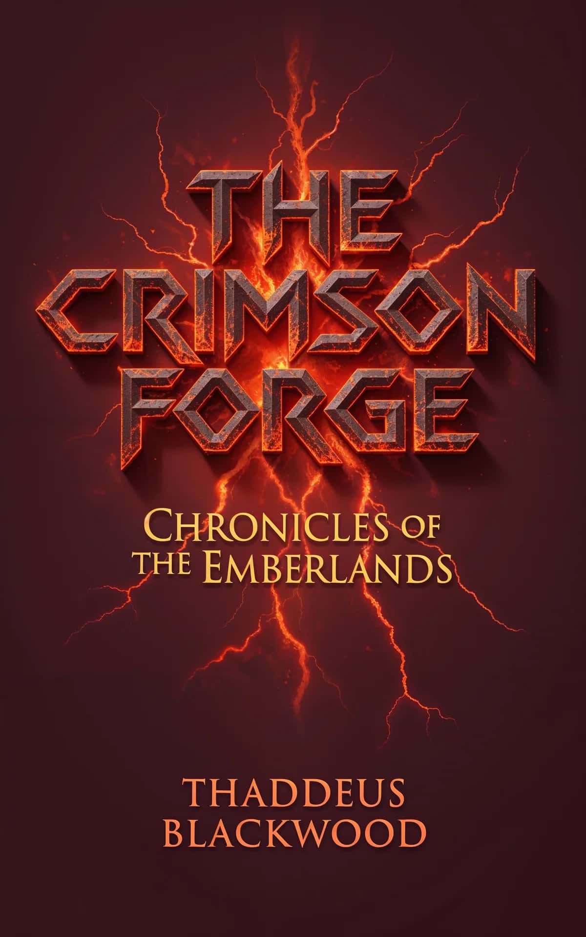 AI book cover generator fantasy typography: molten metal text with electric lightning effects against deep crimson background for "The Crimson Forge".