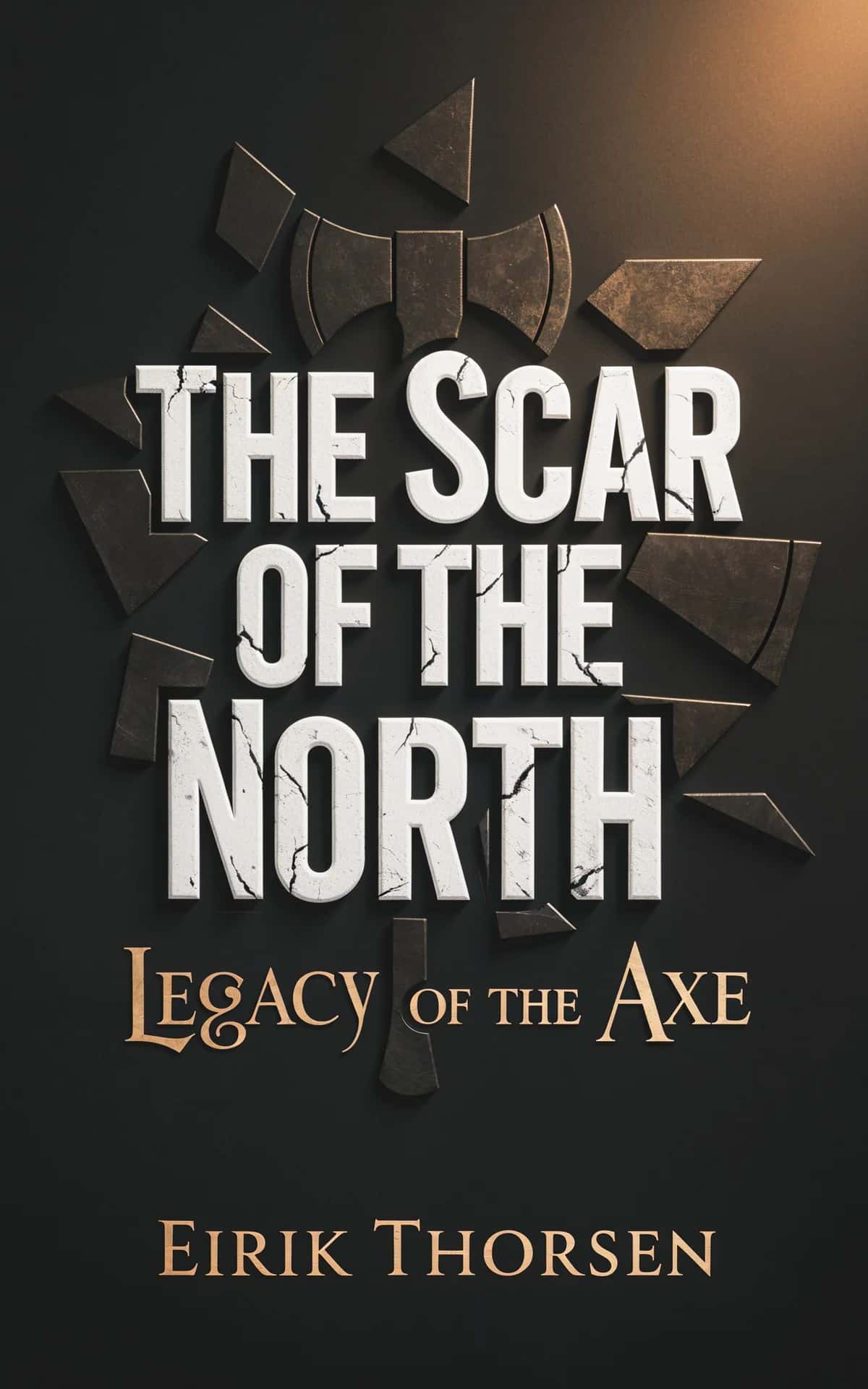 AI book cover generator historical fiction typography: bold white text with fragmented bronze axe and bow imagery on dark background for 'The Scar of the North'.